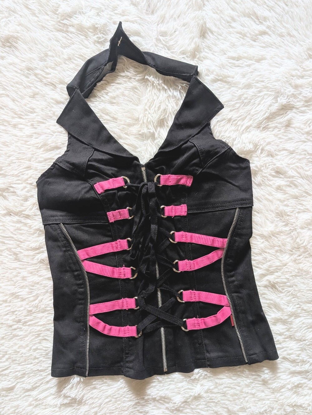 Y2K Tripp NYC Lace Up Strappy Black & Pink Halter Zip Front Corset Top Large